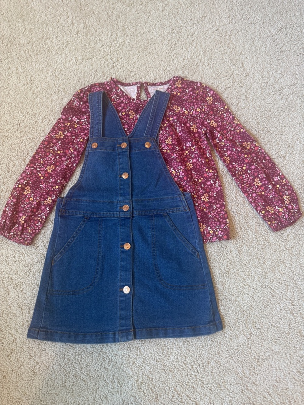 BCBG Girls Denim Button-Front Overall Dress with Floral Top